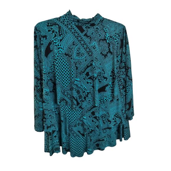 3771) Susan Graver Green Black Mix Print Tiered Mockneck 3/4 Sleeve Pullon Top M - Picture 3 of 8